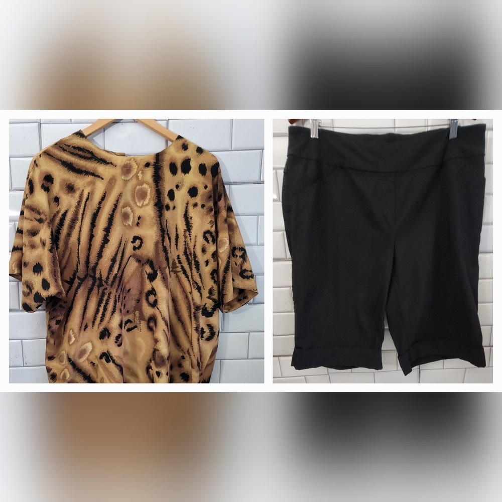 Ladies Blouse And Bermuda Style Short Combo Set Animal Print Top Black Short Plu